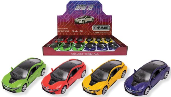 KINSMART – BMW i8 – Modellino cm12 c/porte apribili – c/pull-back and go In espo da 12pz (39x28cm) 4ass…x12…x48